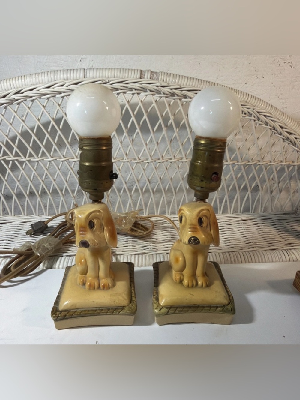 Vintage Dog Table Lamps Pair Ceramic Puppy Lamps Mid Century Bedside Lighting